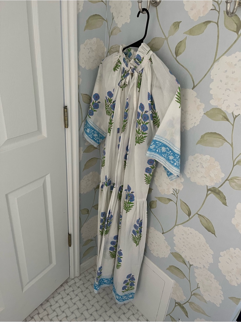 White Midi Dress with Blue Floral Print and Border